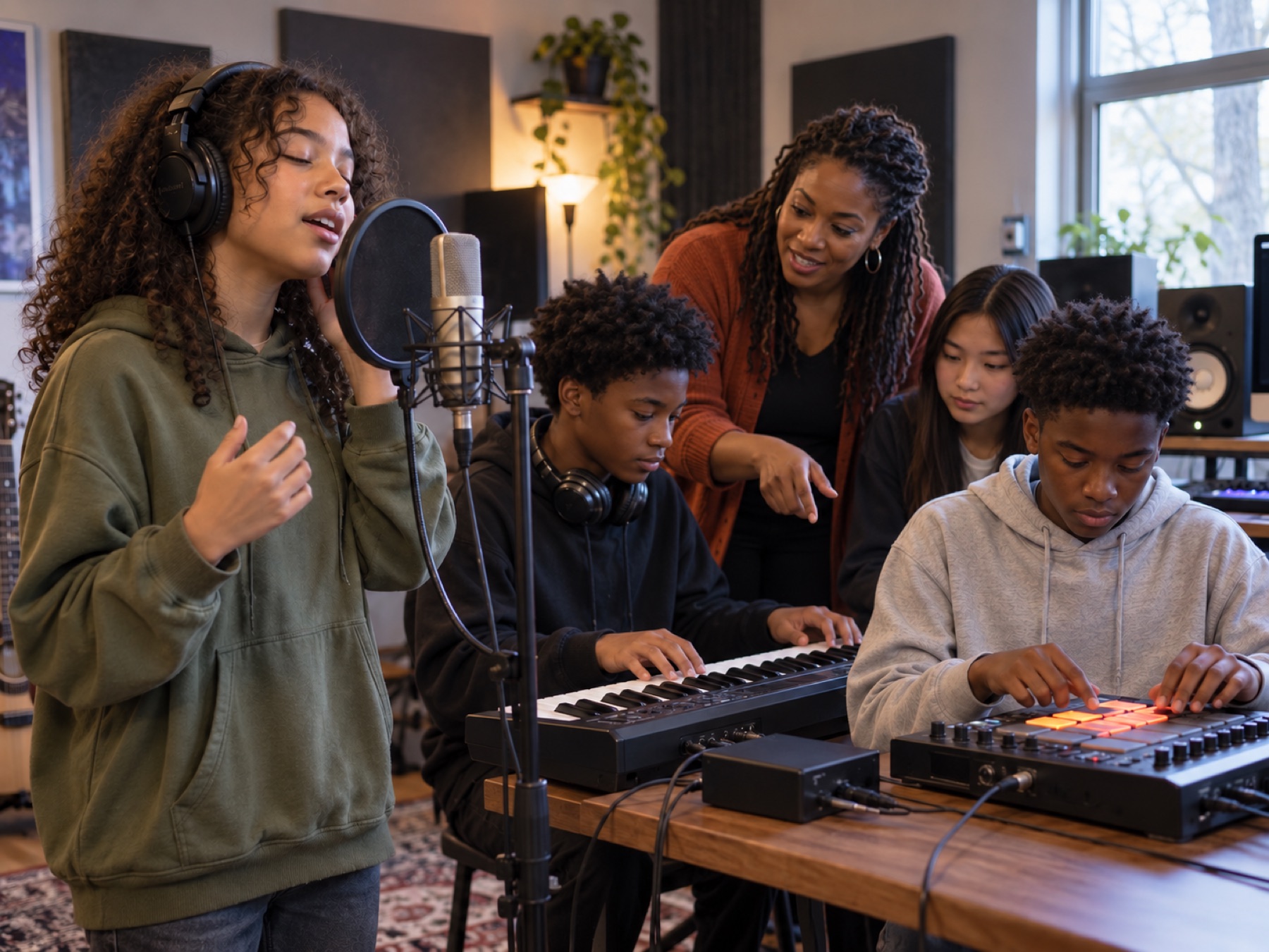 A Black female teacher guides a diverse group of students through a supervised music-production session