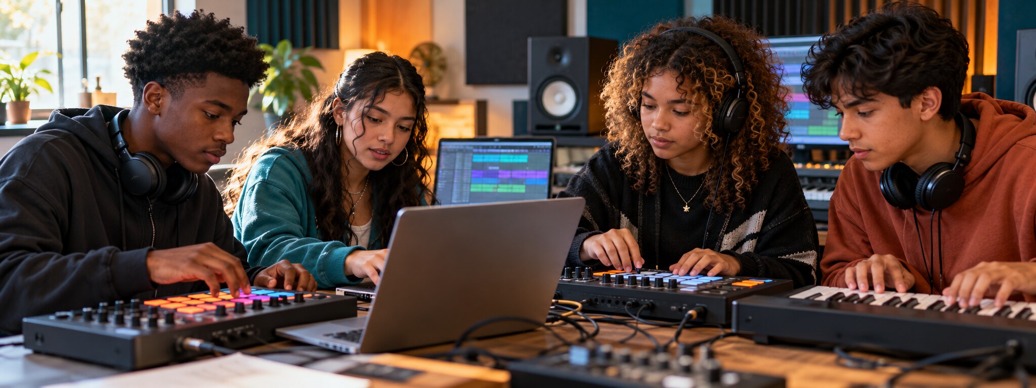 High school students collaborating with music production equipment